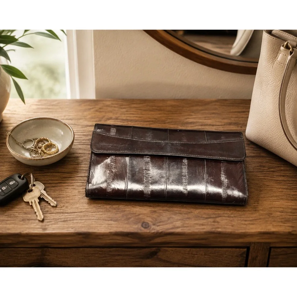 Vintage Genuine Eel Skin Leather Women's Long Wallet Clutch Dark Brown